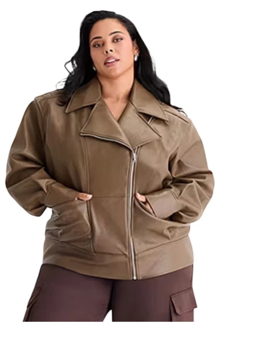 Ashley Graham Brown Faux Leather Moto Jacket Womens 3X + 1X Asymmetric Zip $240